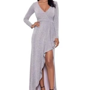 MSRP$269 BETSY & ADAM Metallic Slit-Hem Gown